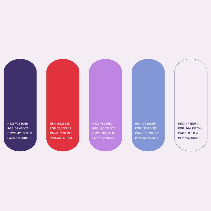 Paleta de cores em roxo, vermelho, lilás, azul e off-white