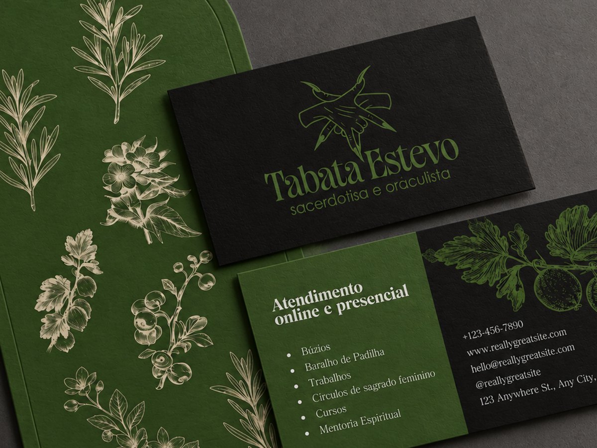 Cartões de visita da Tabata Estevo em preto e verde com ilustrações botânicas