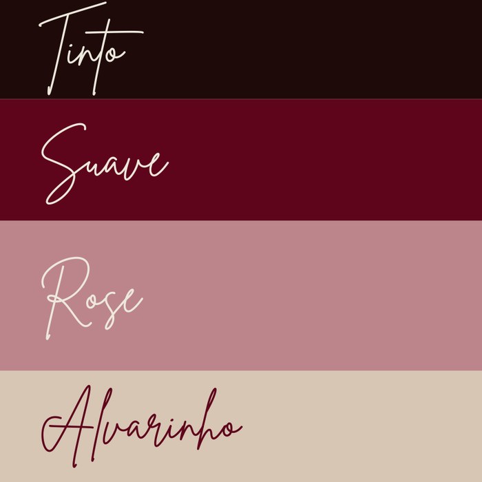 Paleta de cores: Tinto, Suave, Rose e Alvarinho